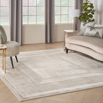 Glitz GLZ07 Modern Abstract Geometric Border Distressed Metallic Shimmer Hi-Low Textured Soft-Touch Polyester Low Profile Short-Pile Ivory/Beige Rug-Nourison-Rug Love - The Most Loved Rug Store